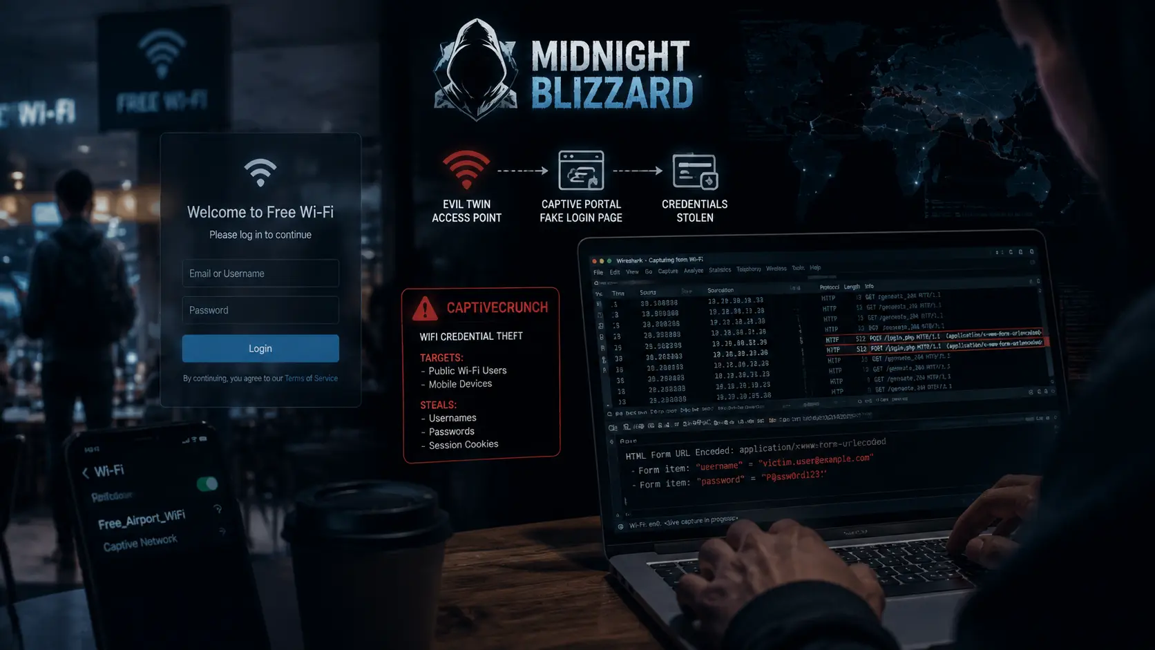 Midnight Blizzard Luncurkan CaptiveCrunch: Kampanye Spyware via WiFi Hotel untuk Mencuri Kredensial Microsoft 365 dan Menerapkan RAT